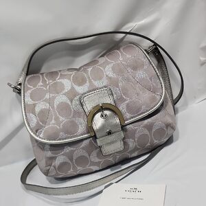 Coach Signature Metallic Silver Buckle Flap Crossbody Shoulder Handbag Purse